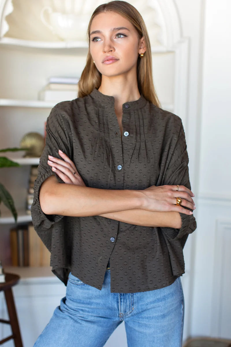 Mandarin Collar Top - Olive Grove Dots