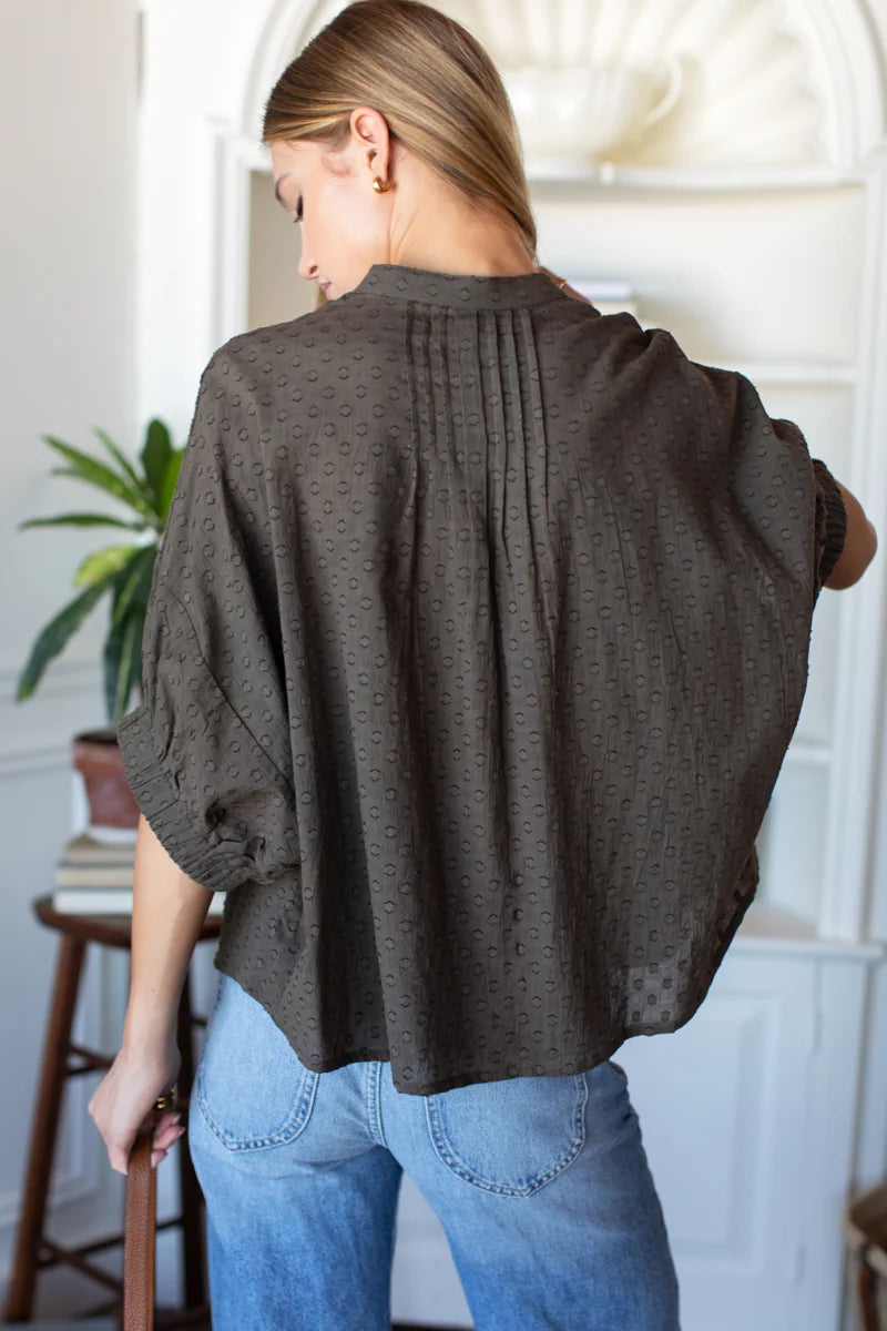 Mandarin Collar Top - Olive Grove Dots
