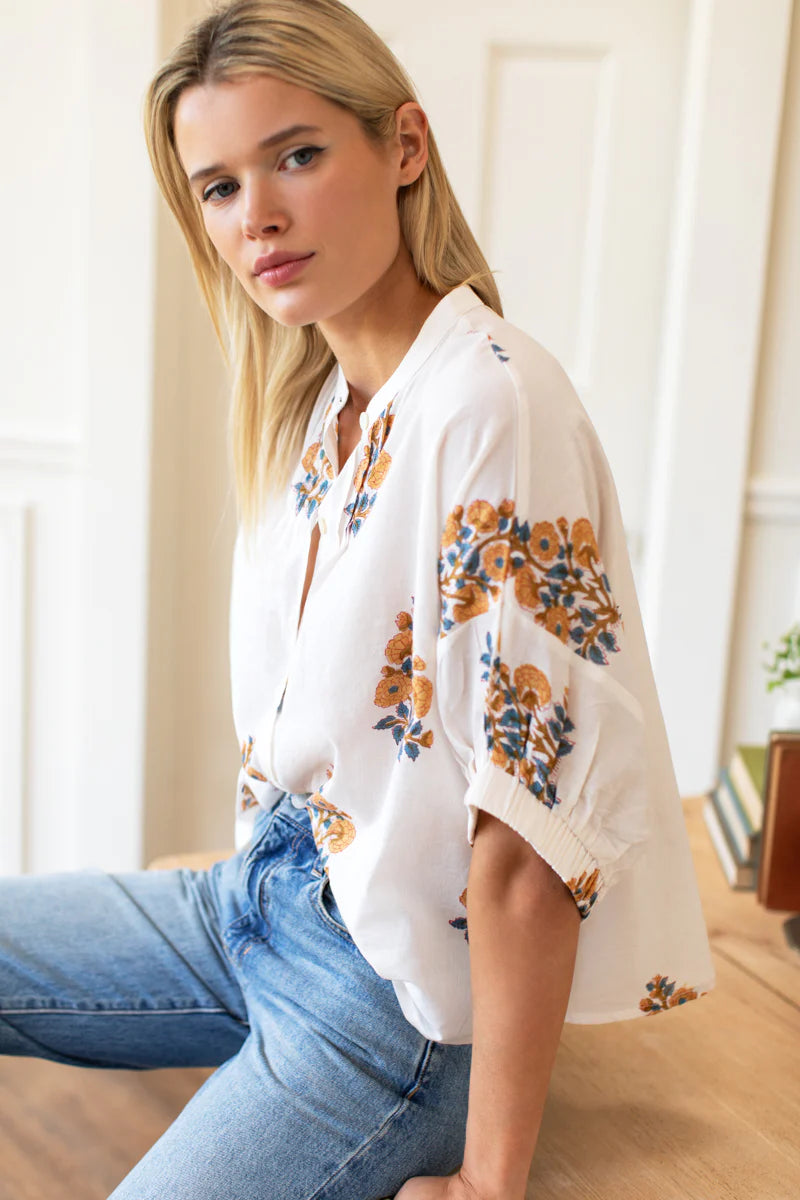Mandarin Collar Top - Tomas Flowers Marigolds Organic