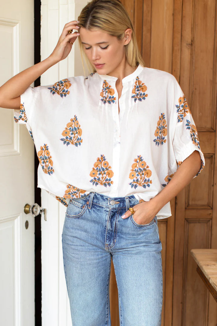 Mandarin Collar Top - Tomas Flowers Marigolds Organic