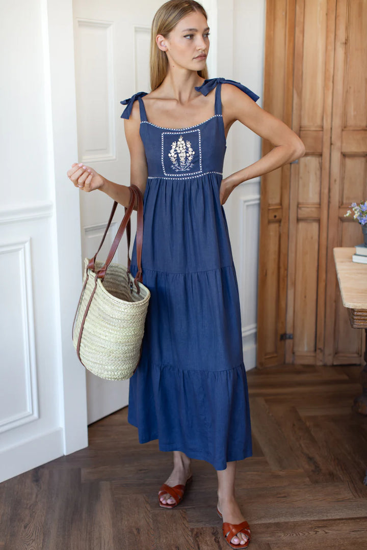 Sara Tier Dress - Blue Indigo + White Embroidery Linen