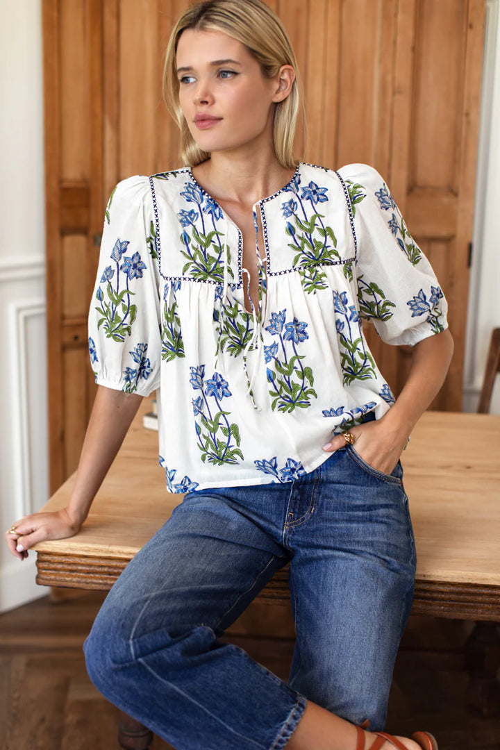 Puff Isla Top - Blue Clematis Flowers + Midnight Embroidery Organic