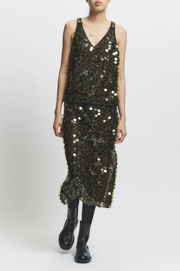 Zyon Mesh Sequin Skirt - Olive