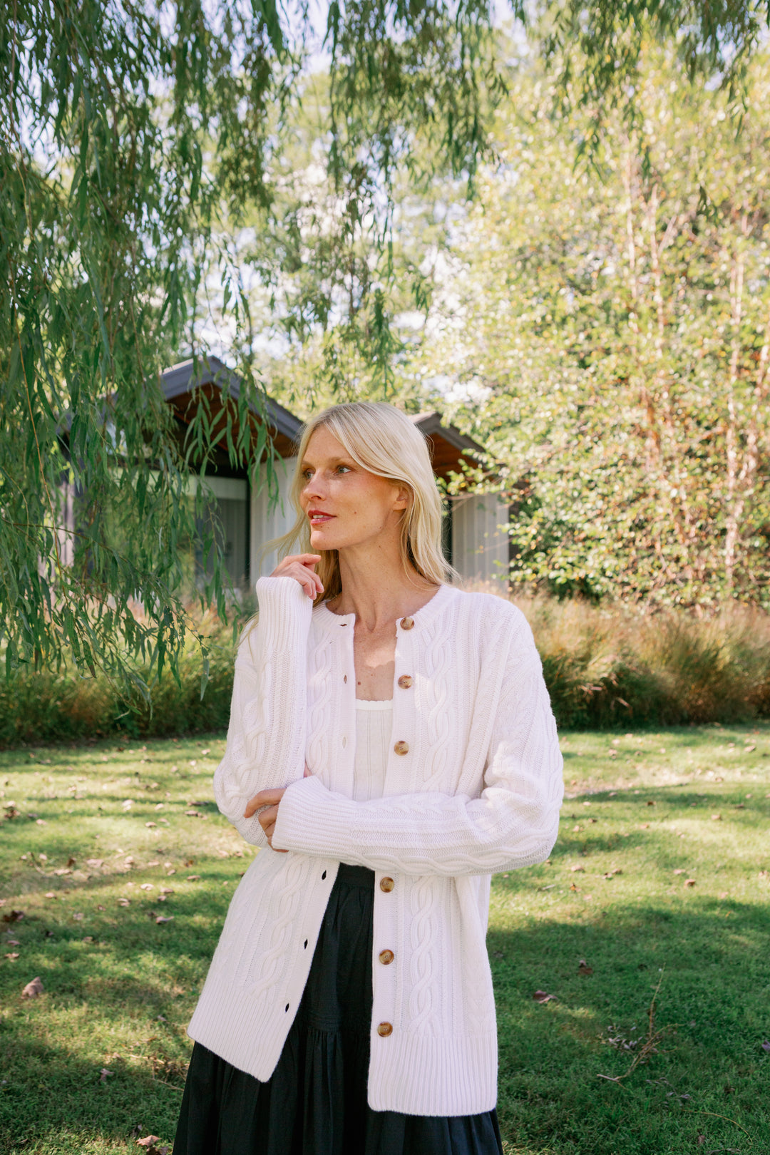 Elle Cable Cardigan-White