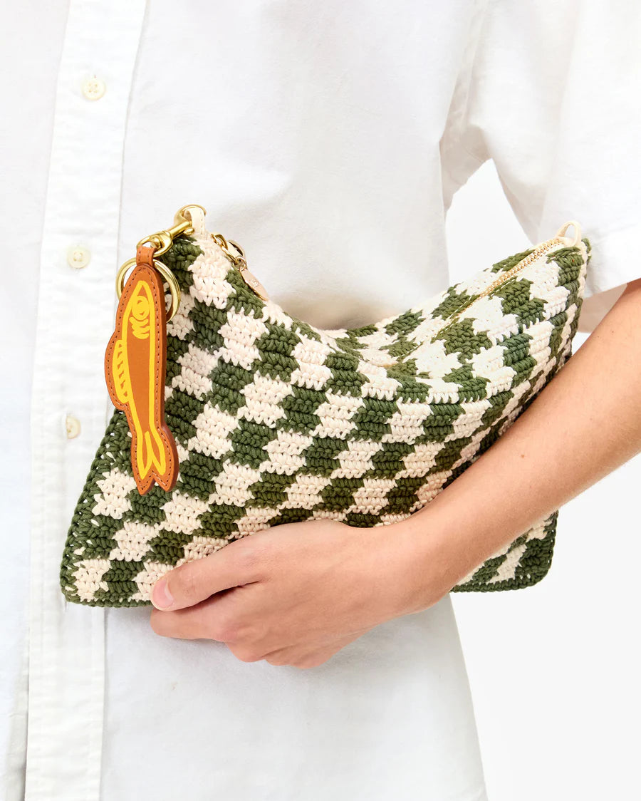 Flat Clutch w/ Tabs - Olive & Cream Crochet Mini Checker