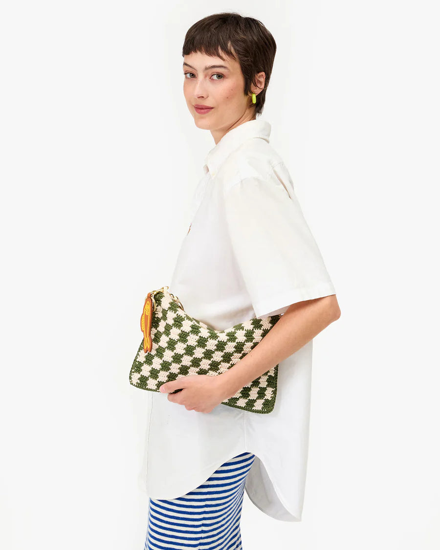 Flat Clutch w/ Tabs - Olive & Cream Crochet Mini Checker