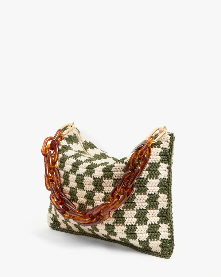 Flat Clutch w/ Tabs - Olive & Cream Crochet Mini Checker