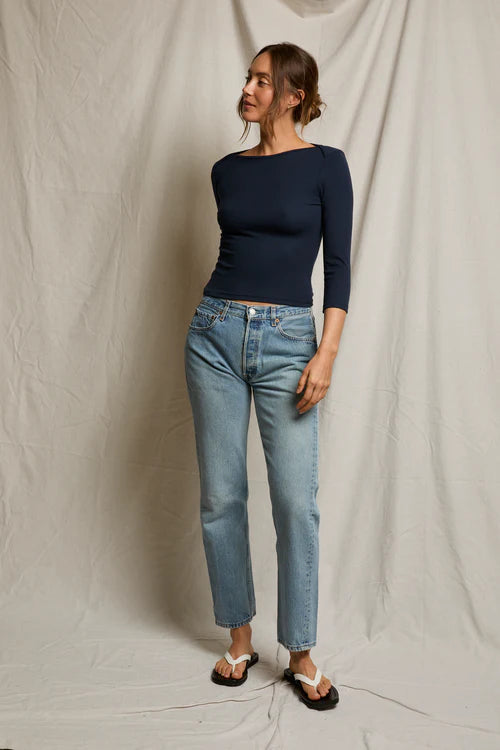 Harlow Ribbed Elbow Sleeve Folded Tee - Navy