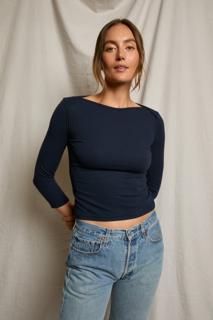 Harlow Ribbed Elbow Sleeve Folded Tee - Navy