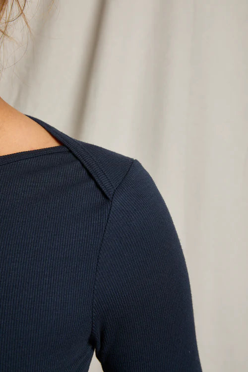 Harlow Ribbed Elbow Sleeve Folded Tee - Navy