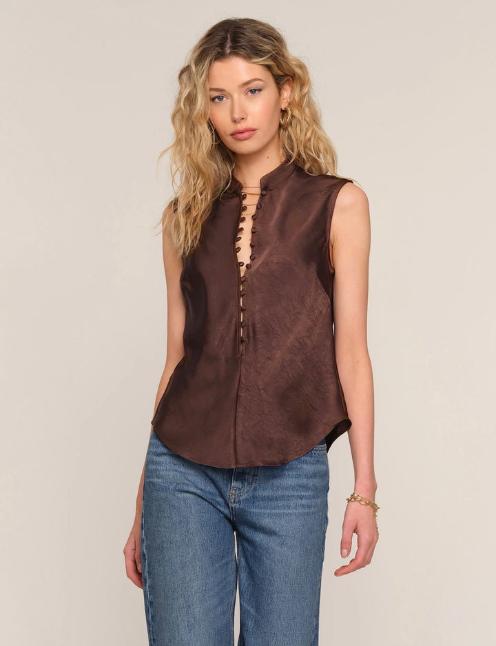 Satin Button Top – Chocolate