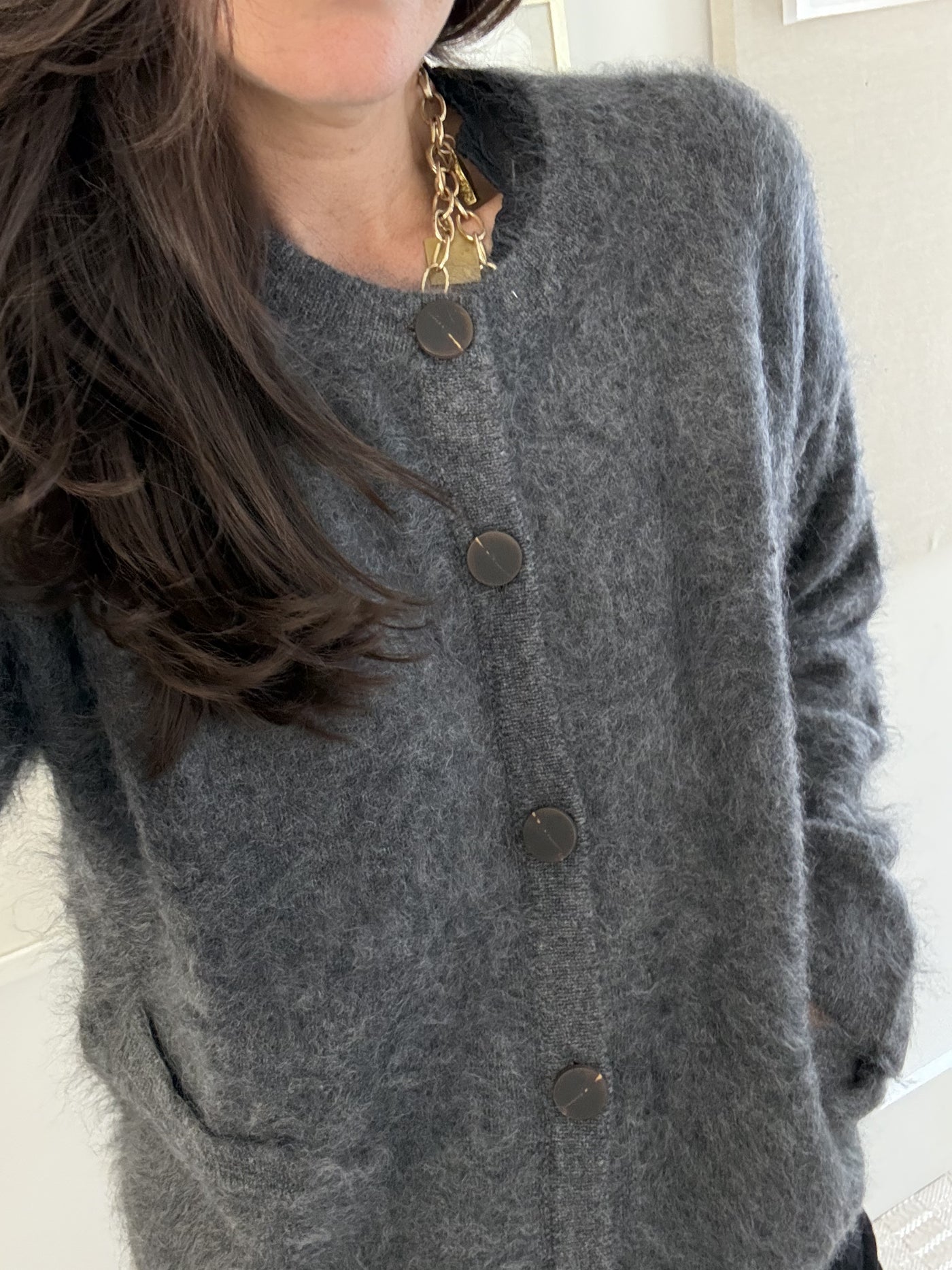 Brushed Cashmere Cardigan- Charcoal