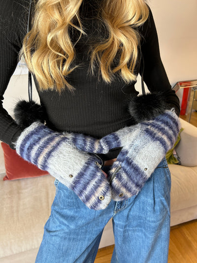 Faux Sherpa Lined Flannel Zip Open Mittens - Blue