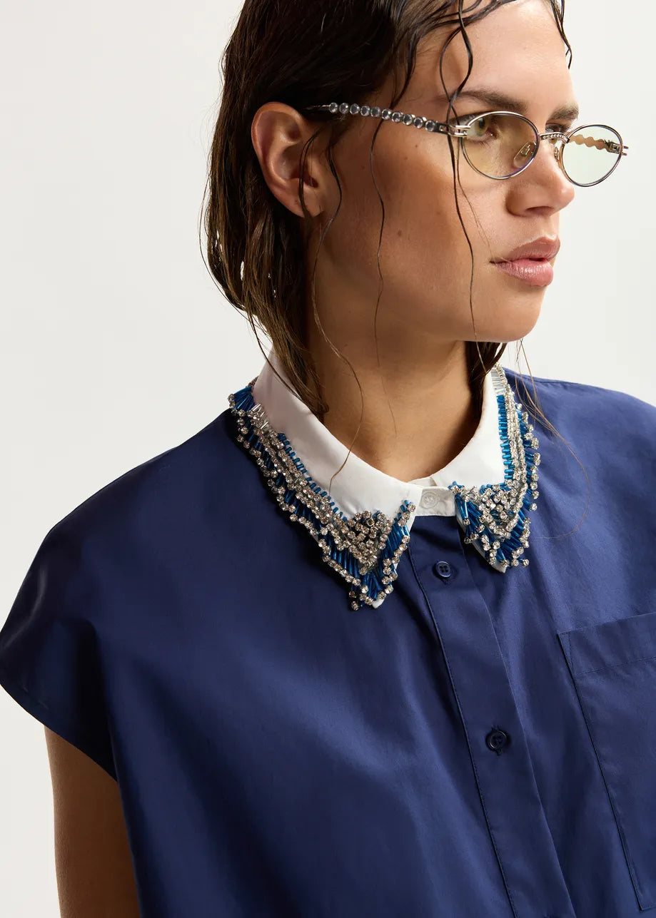 Sleeveless Cotton Shirt - Navy