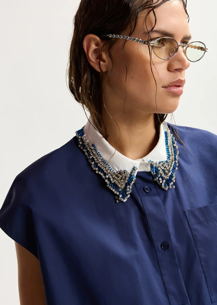 Sleeveless Cotton Shirt - Navy