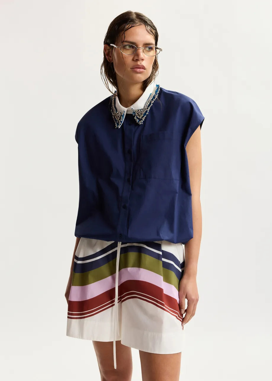 Sleeveless Cotton Shirt - Navy