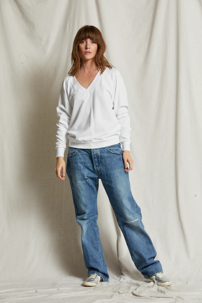 Sinead Relaxed French Terry V Neck Sweatshirt - White