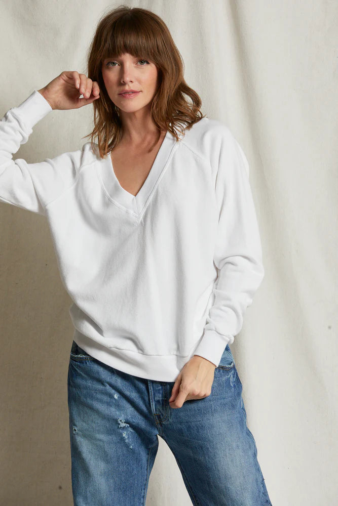 Sinead Relaxed French Terry V Neck Sweatshirt - White