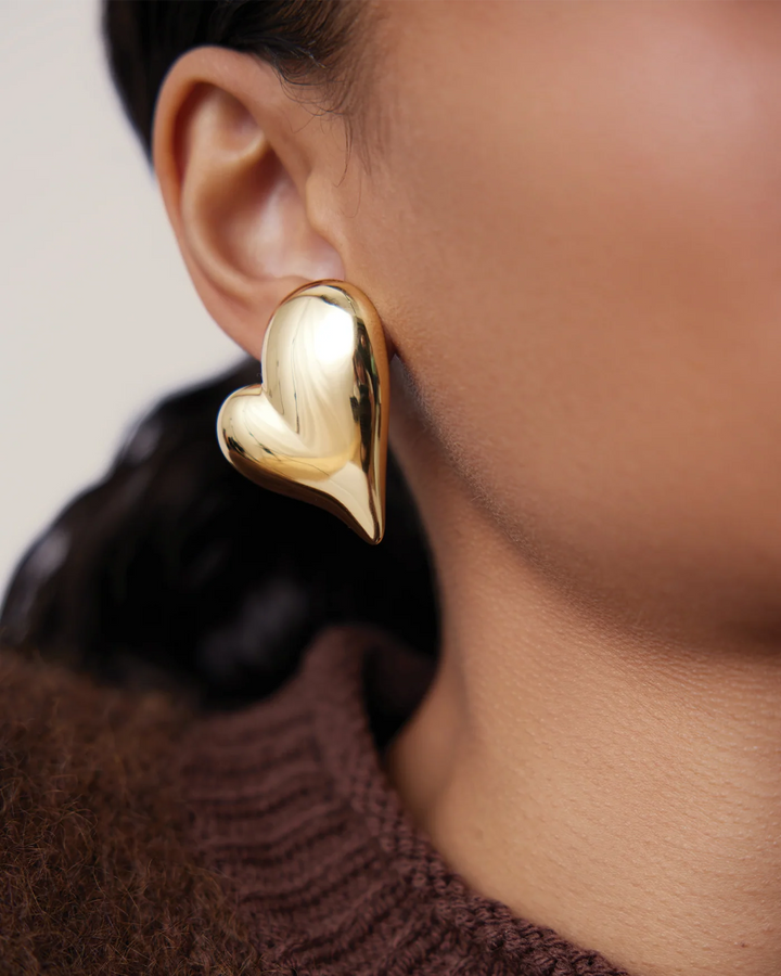 Mega Art Heart Button Earrings - Gold