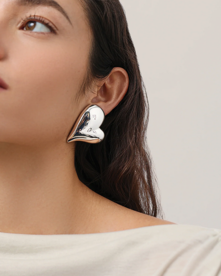 Mega Art Heart Button Earrings - Silver