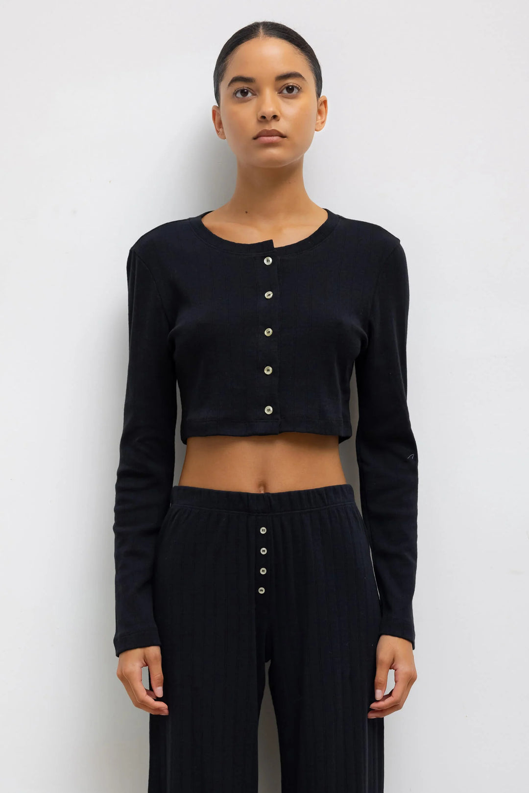 Pointelle Crop Cardigan - Black