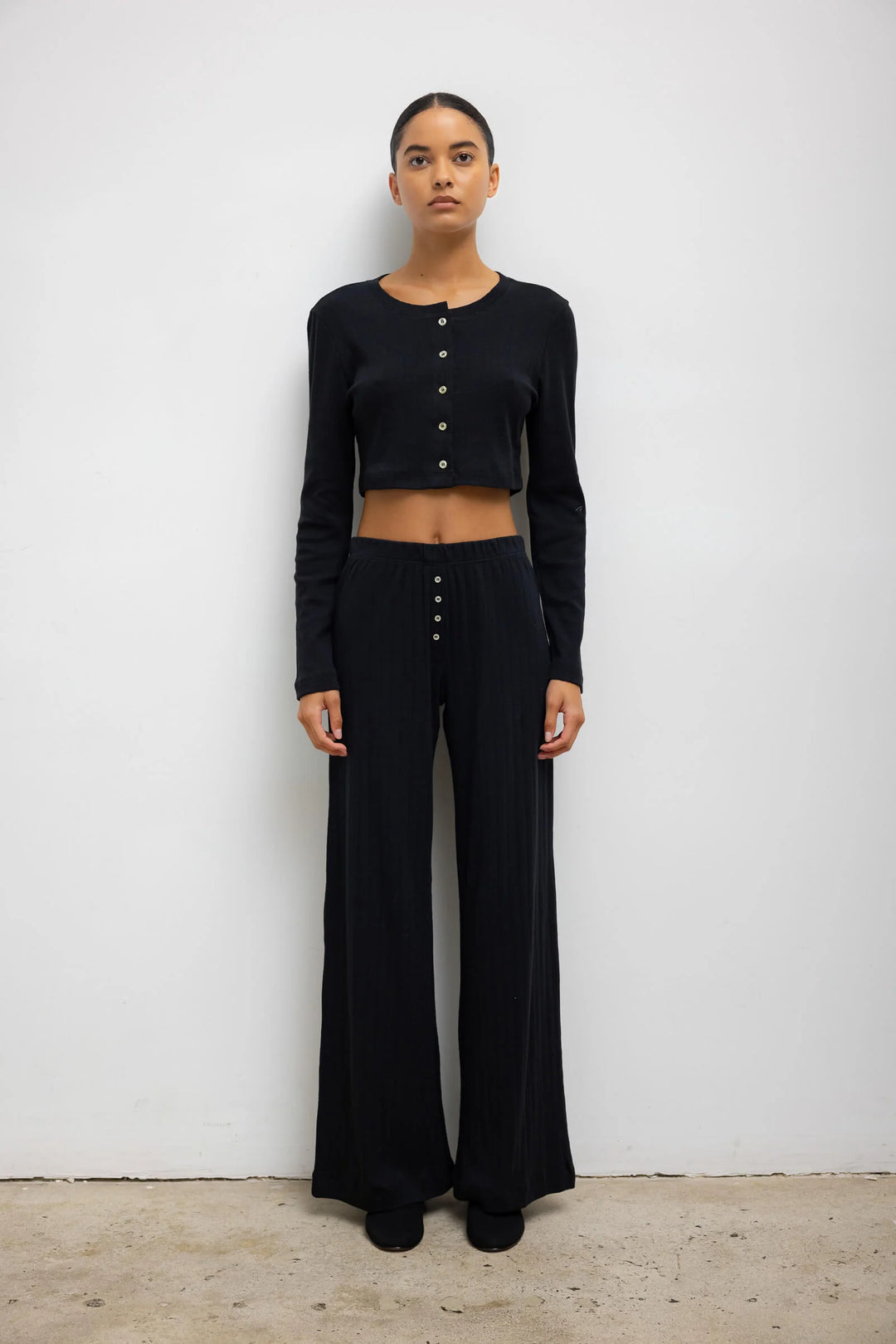 Pointelle Crop Cardigan - Black