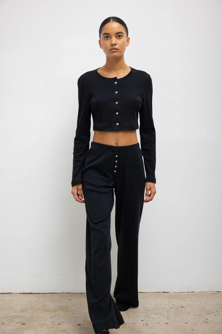 Pointelle Crop Cardigan - Black