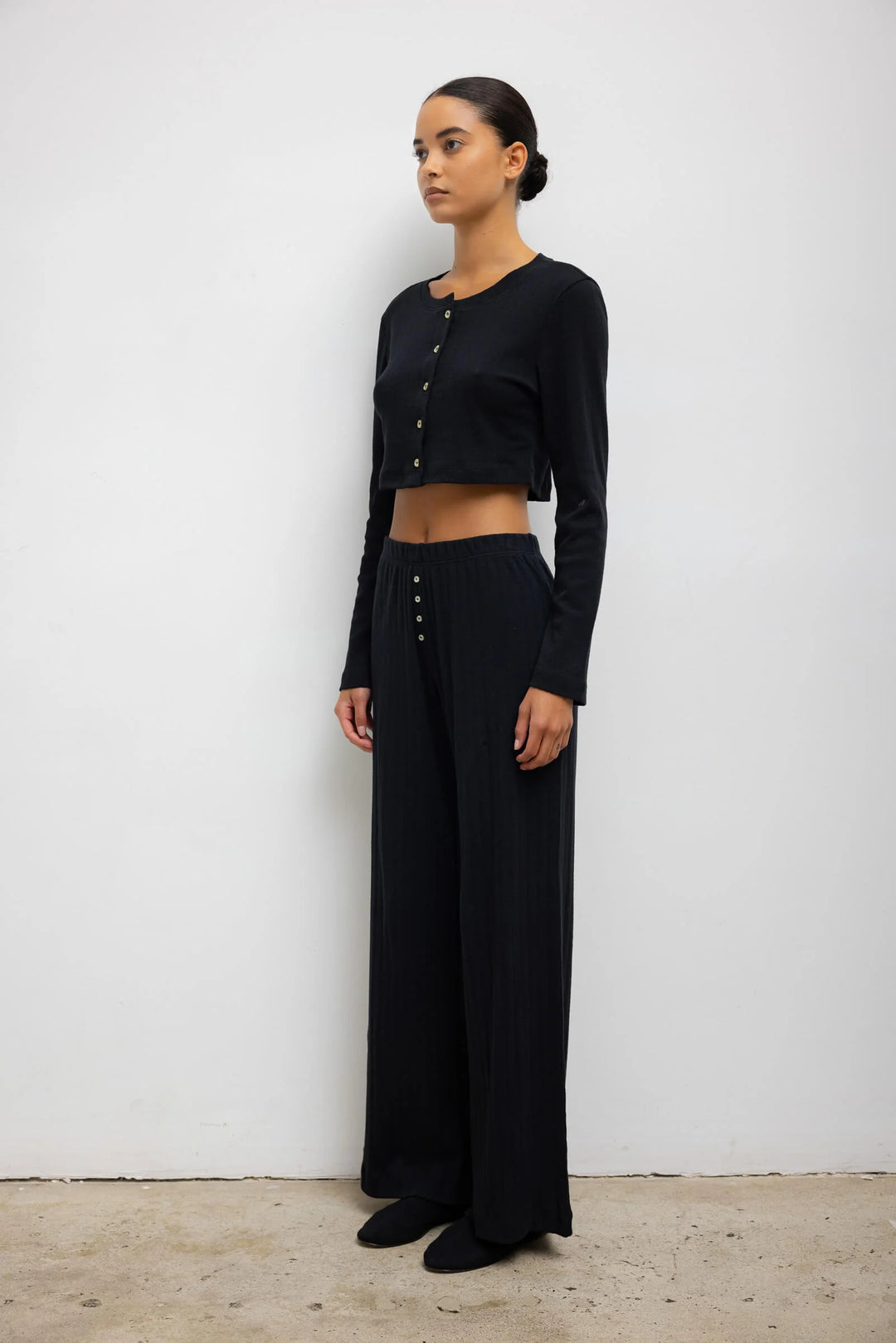 Pointelle Crop Cardigan - Black