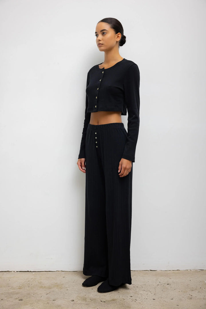 Pointelle Crop Cardigan - Black