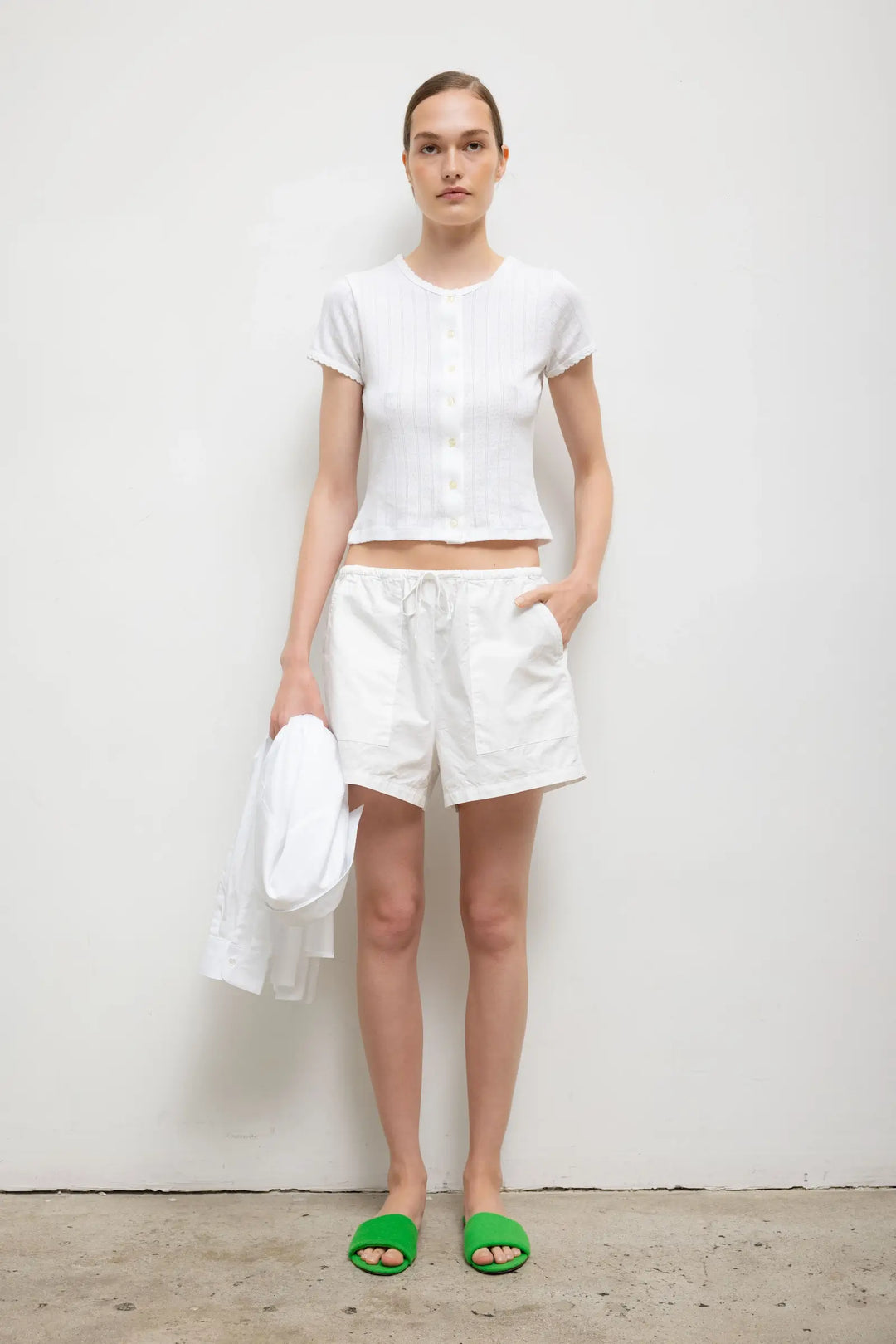 Pointelle Short Sleeve Cardigan - White