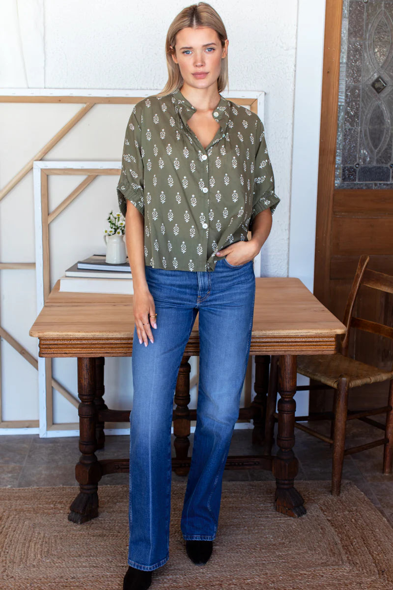 Mandarin Collar Top - Marguerite Gothic Olive Organic
