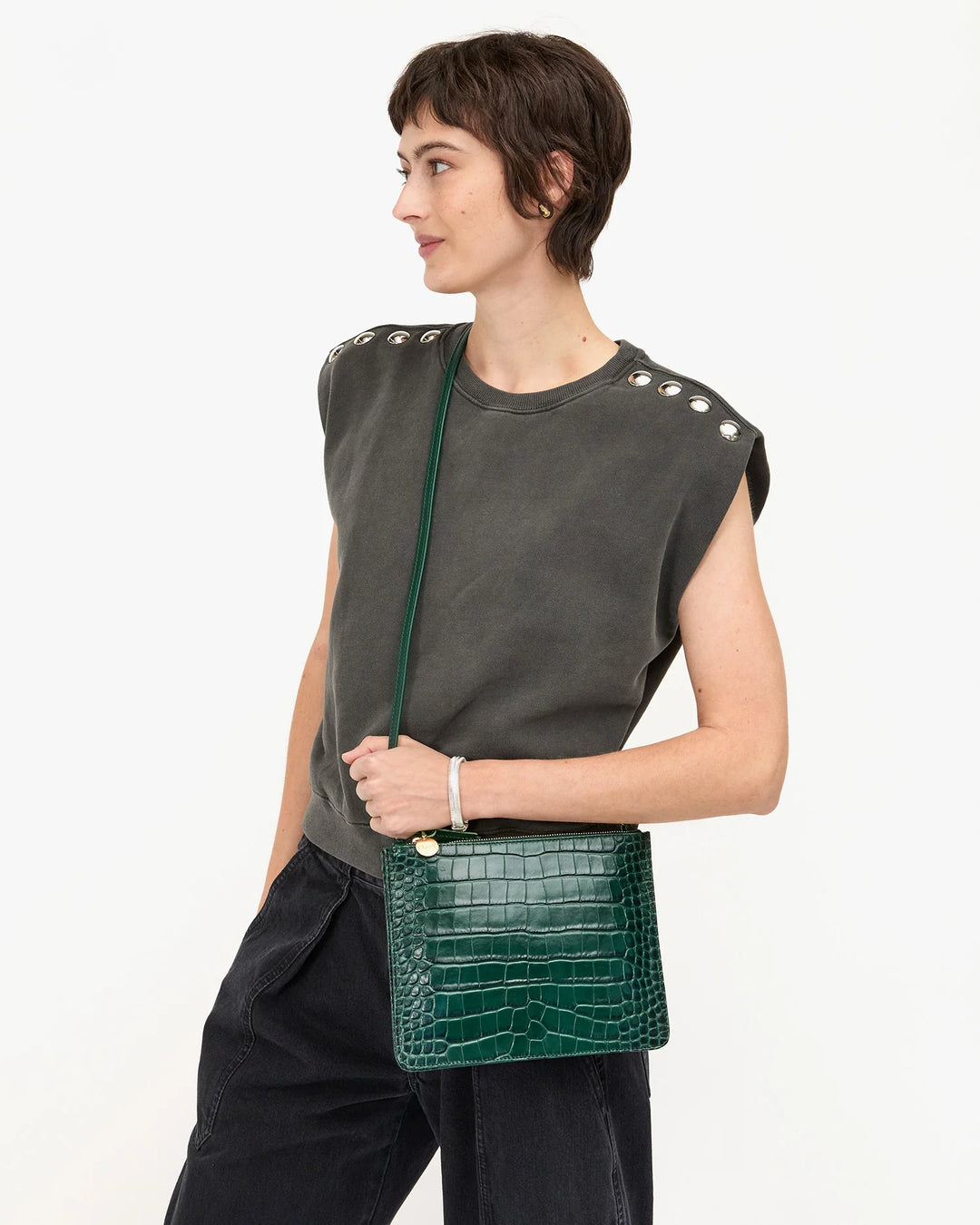 Margot Double Sac Bretelle - Deep Pine Embossed Croco