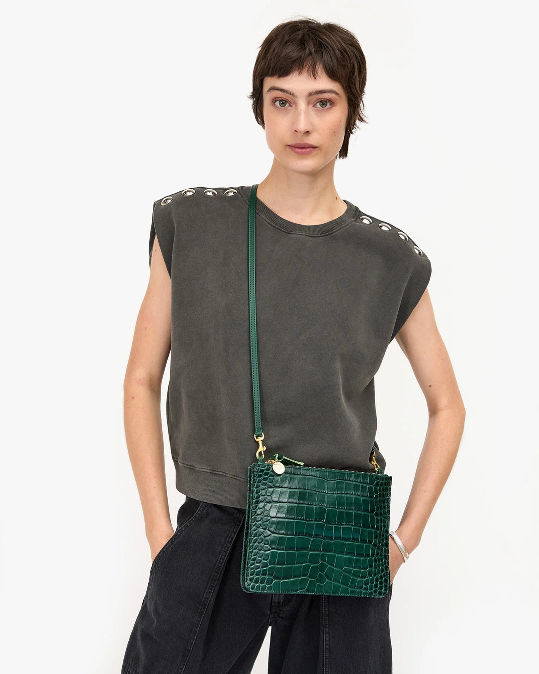 Margot Double Sac Bretelle - Deep Pine Embossed Croco