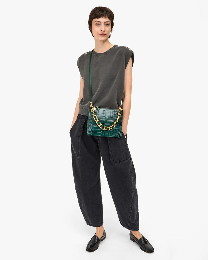 Margot Double Sac Bretelle - Deep Pine Embossed Croco
