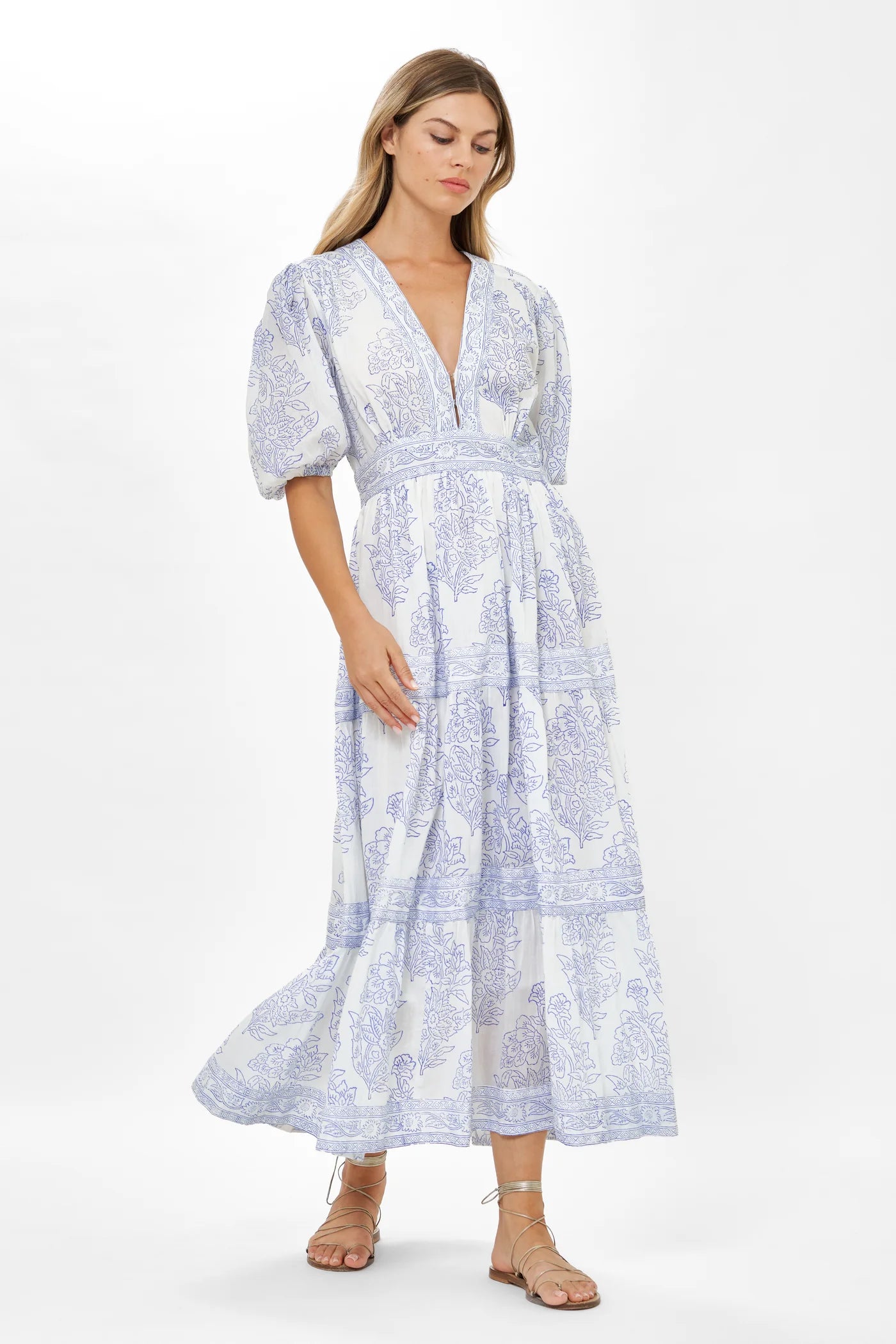 V-Neck Puff Maxi - Amadora Blue