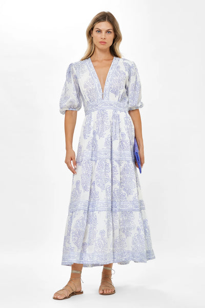 V-Neck Puff Maxi - Amadora Blue