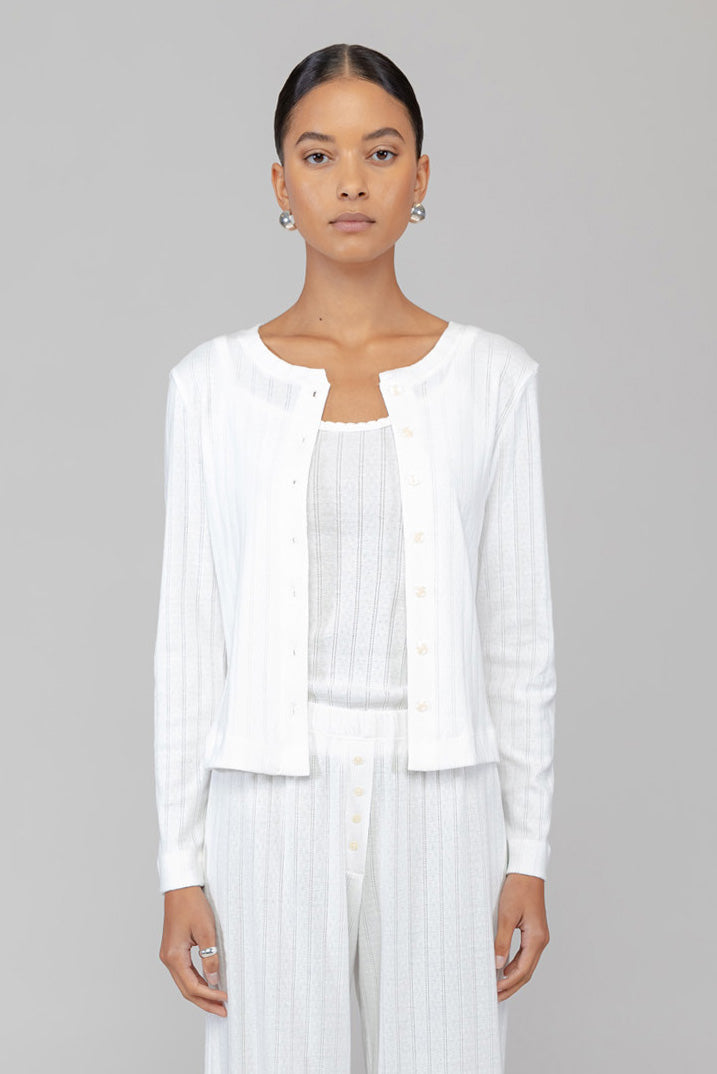 Pointelle Classic Crew Cardigan - White