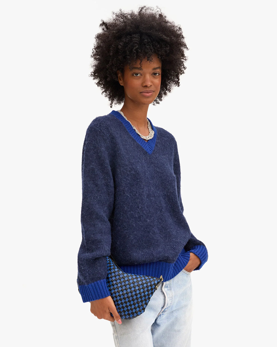 Petit Moyen Messenger - Black/Cobalt Woven Checker