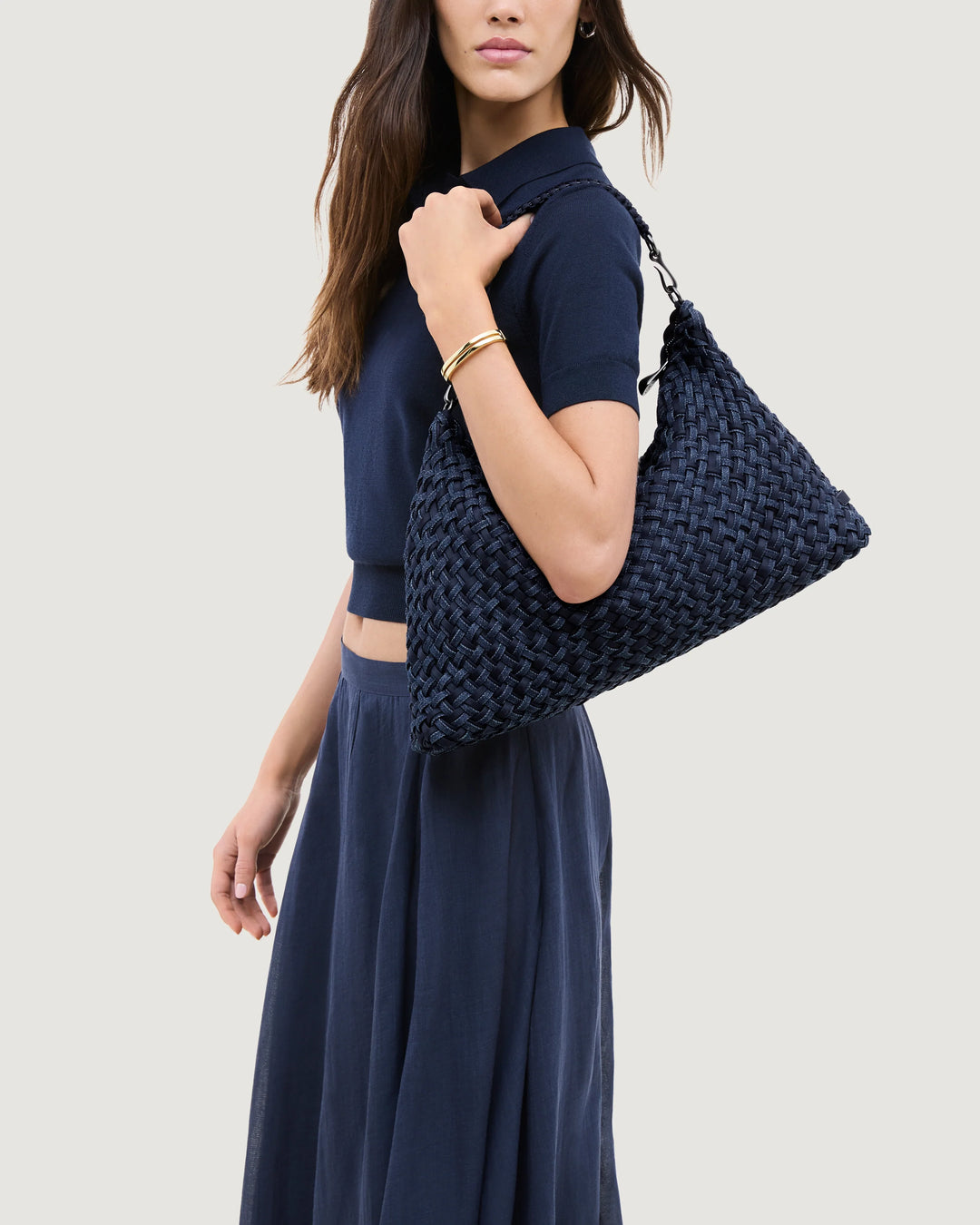 Porto Medium Half-Moon Bag Double Weave Denim - Indigo