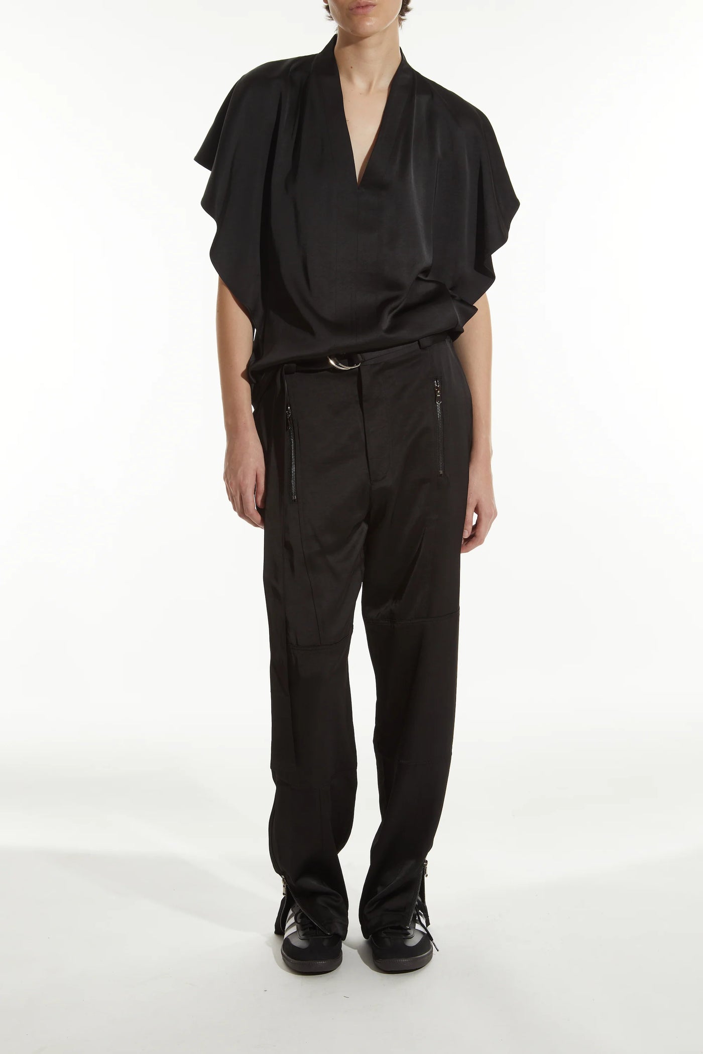 Finn V-Neck Charmeuse Top - Black