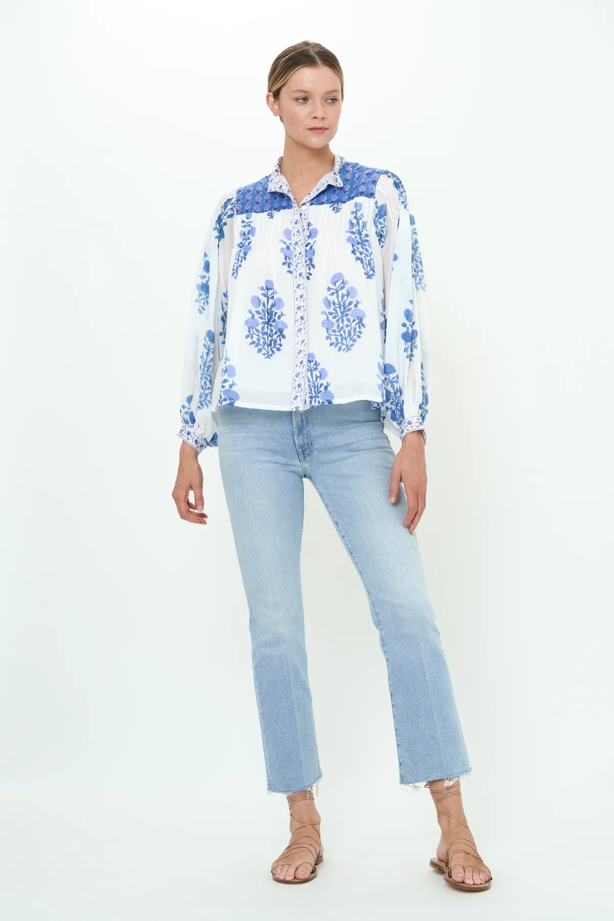 Mandarin Pintuck Blouse - Salvia Blue