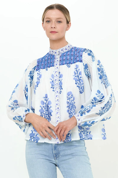 Mandarin Pintuck Blouse - Salvia Blue