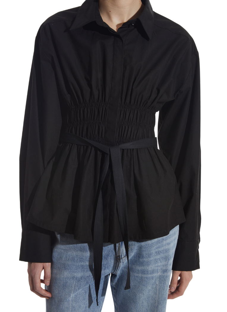 Yvonne Ruched Front-Tie Blouse - Black