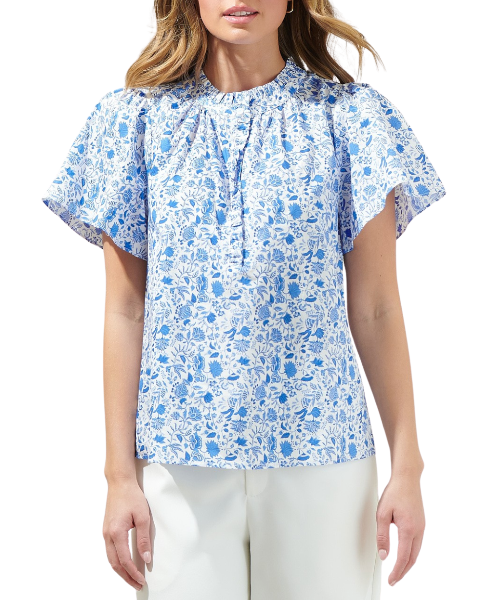 Luray Floral Lily Ruffle Blouse - Blue/White