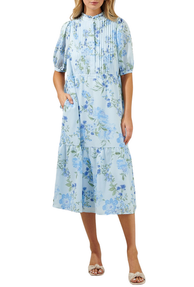 Dusty Floss Floral Pleated Midi Dress - Lt Blue Multi
