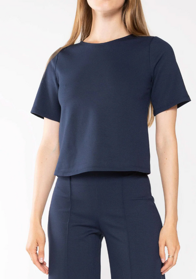 Ponte Knit Short Sleeve Top Extended - Navy