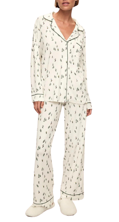 Gisele Printed Long PJ Set - Alpine Skier Ivory/Forest