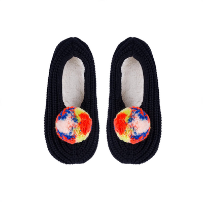 Marble Pom Knit Slippers - Black