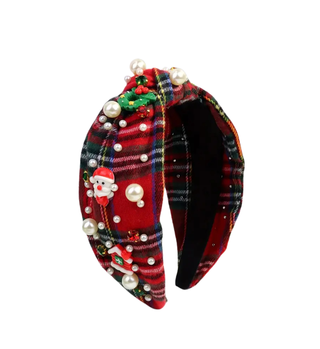 Christmas Plaid Beaded Headband - Red