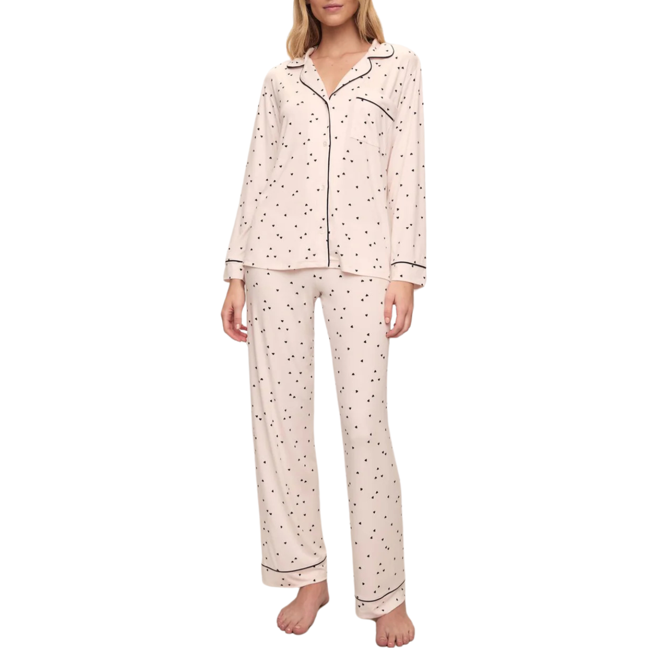 Gisele Printed Long PJ Set- Little Heart Sorbet Pink/Black